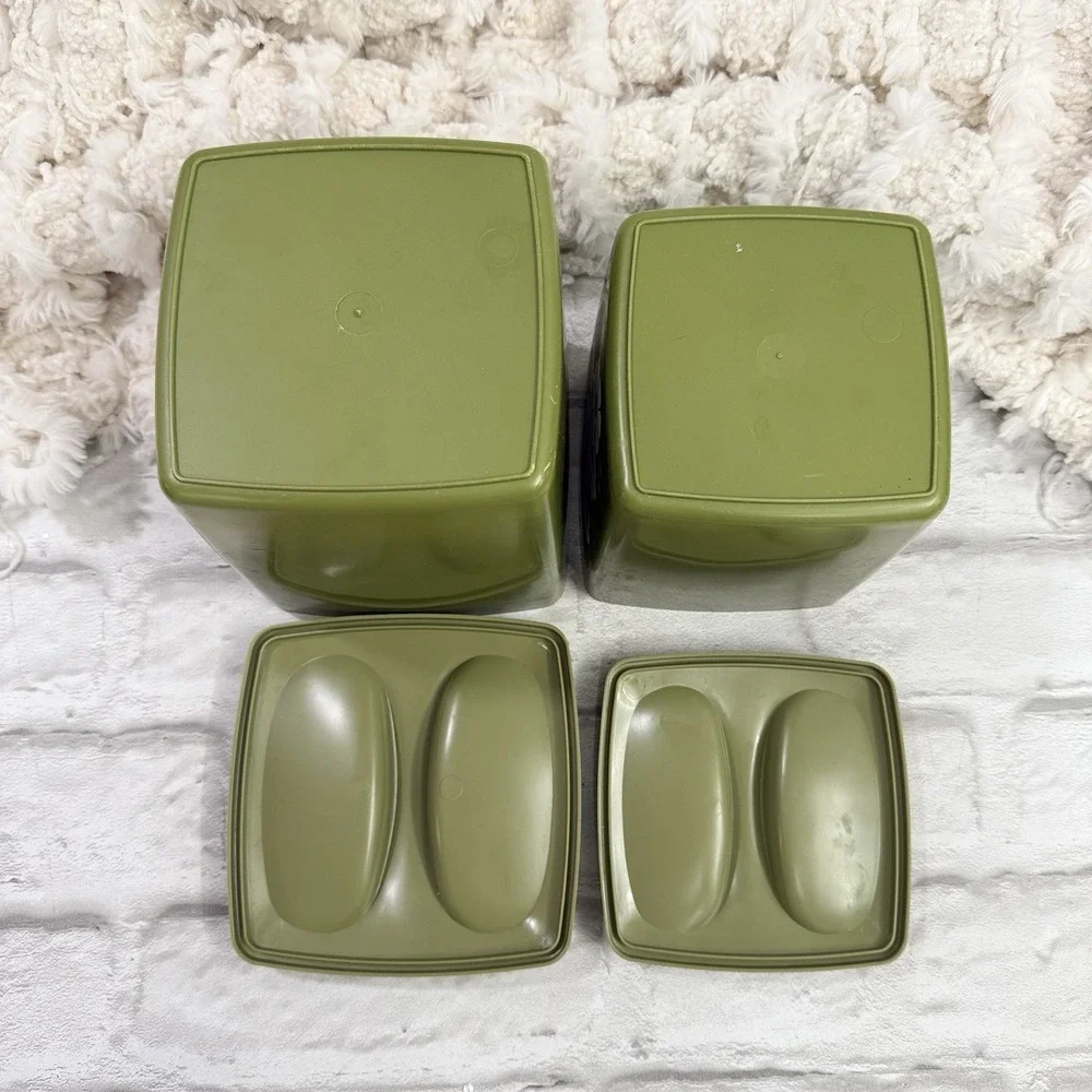 Vtg MCM Avocado Green Floral Plastic Nesting Canisters 2 Containers With Lids